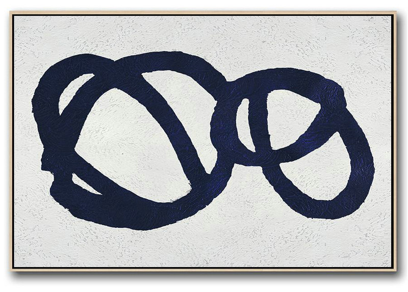 Extra Large Wall Art,Horizontal Abstract Painting Navy Blue Minimalist Painting On Canvas,Modern Abstract Wall Art